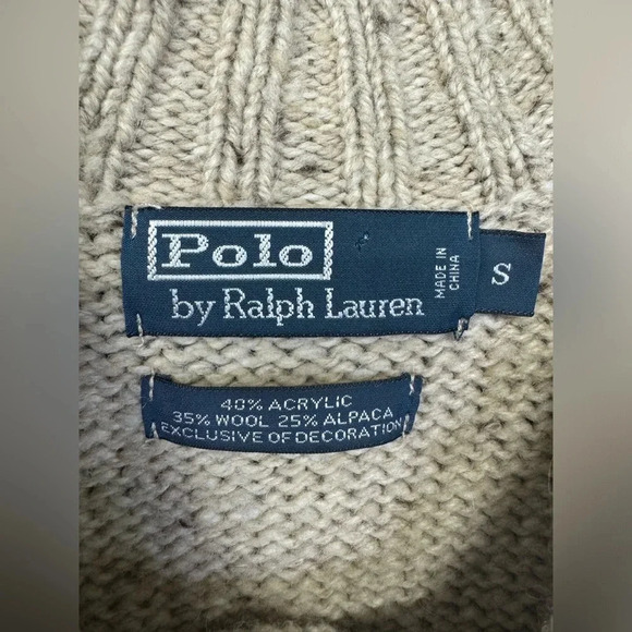 Polo Ralph Lauren Cream Mélange Tweed V-Neck Sweater Brown Suede Elbow Patch - Picture 3 of 3